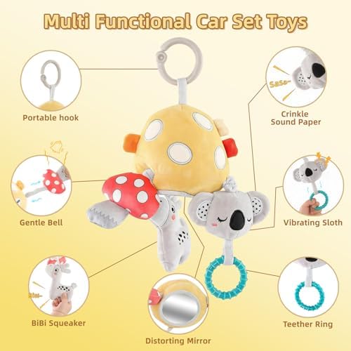 Musical Baby Pull Vibration Toy for Car Seat 6-12 Months, Travel Sensory Toy 3 Months, Montessori Plush Toys for Roadtrip with Crinkle Textures Flutter Squeaky Mirror Newborn Infant Gift - Image 6