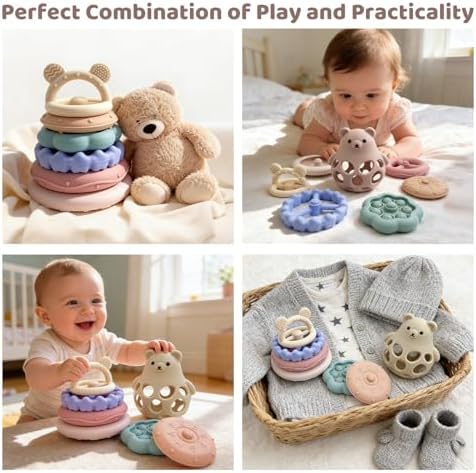 Stacking Rings Baby Toy, 7-Piece Silicone Baby Teething Toy, 6M+ Pink Jenga - Image 7