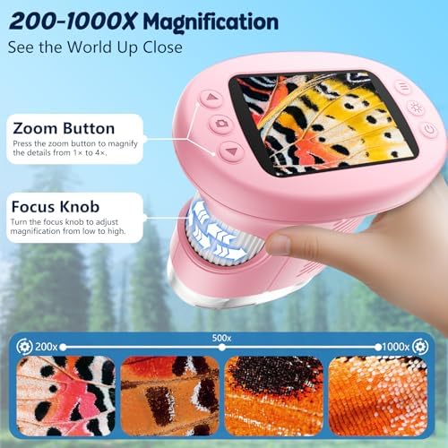 Odatay 4K 1000X Digital Microscope for Kids with Long Distance Viewing & 2.4" Screen, Portable Handheld Edu Toys for Kids Exploring Bugs Plants at Home Classroom & Outdoor Travel, Bright Pink - Image 5