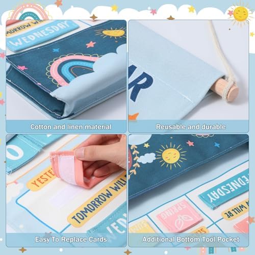 Blosssound 48 Pcs Learning Calendar Wall Chart My Daily Calendar for Kids Retro Hippie Boho Interactive Pocket Chart with Cards for Toddlers & Kids Circle Time Board for Classroom Preschool Learning - Image 2