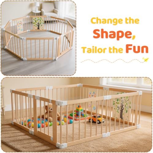 Foldable Wooden Baby Playpen with Locking Gate, Adjustable Baby Playard for Babies and Toddlers, Portable Collapsible Wooden Activity Center for Indoor Use - Image 6