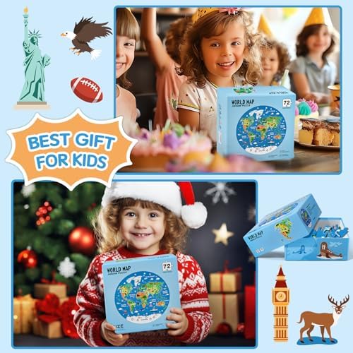 72 Piece World Map Jigsaw Puzzle for Kids 3-5, 4-6 Globe Round Floor Puzzles Geography Educational Birthday Gifts Learning Resource Educational Montessori Toys (World Map) - Image 6
