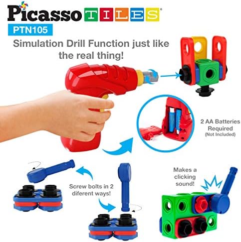 PicassoTiles STEM Learning Toys 105 Piece Building Block Set Kids Construction Engineering Kit Toy Blocks Children Early Education Playset w/IdeaBook, Power Drill, Clickable Ratchet, Age 3+ PTN105 - Image 5