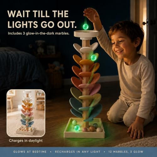 Nolia Wooden Marble Run Music Tree, Montessori Ball Drop Toy for Toddlers and Kids - 3 Glow in the Dark Marbles, 12 Large 1.4 Inch Wooden Balls, 25 Inch Musical Marble Tree, Ages 3+ - Image 2