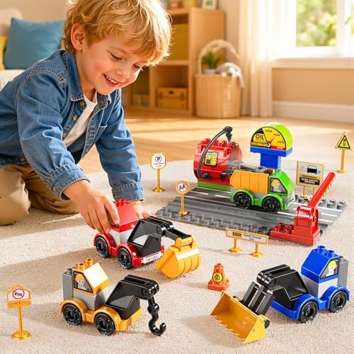 Toddlers Car Building Blocks Set, 72 Pcs Large Building Blocks, STEM Construction Toys Include Excavator,Bulldozer,Dump Truck,Road Traffic,Signs,Toys for 3 4 5 4 7 8 Year Old Boys Girls - Image 3