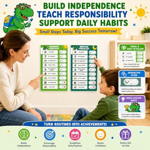 Upgraded Slider Morning/Bedtime Routine Chart for Kids Toddlers - Magnetic Kids Chore Chart for 2 Kids, Dry Erase Chore Chart for Kids, Visual Schedule for Kids - Image 2