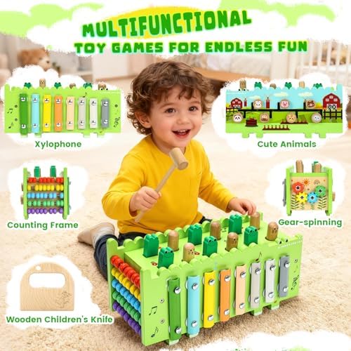 Wooden Activity Cube Montessori Toys for 1.5+ Year Old Boys Girls | Hammering Pounding Toys with Abacus, Educational Activities Toys with Xylophone (Crocodile) - Image 5