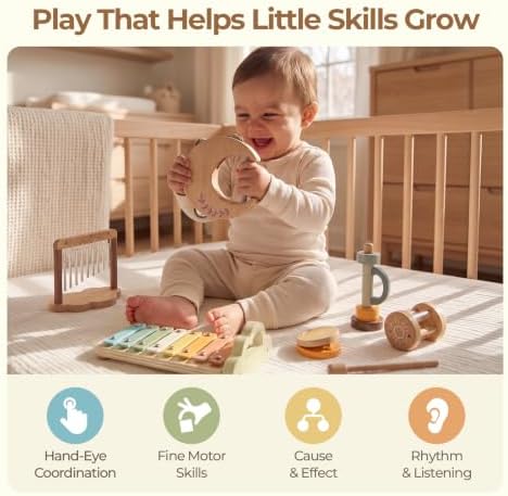 Wooden Xylophone Musical Instrument Sets Toy for Kids, Rattle Bell Montessori Cloud Toddler Music Percussion Toys, Christmas Birthday Gifts for Boys Girls - Image 4