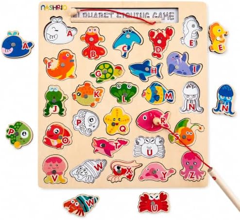 NASHRIO Magnetic Wooden Alphabet Fishing Game for Kids Ages 3-5, ABC Letter Puzzle Board with 26 Sea Animal Pieces, Preschool Learning Fine Motor Toy for Boys Girls 3 4 5 by NASHRIO