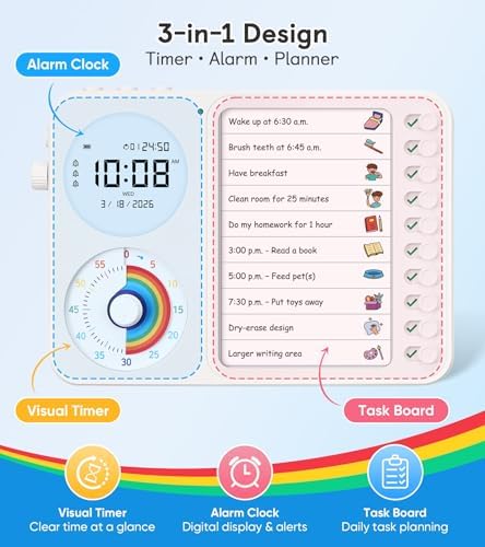 3-in-1 Visual Timer & ADHD Tool for Kids – ADHD Task Timer for Adults with Visual Schedule, Chore Chart & Planning Board for Home, School, Classroom, Work (White) - Image 2