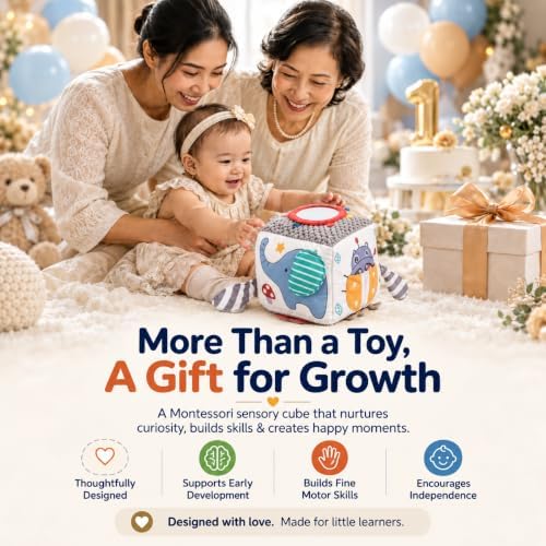 Baby Activity Cube Toy 8-in-1 for Babies 6-12 Months | Montessori Sensory Cube with Mirror, Teether, Crinkle Textures & Fine Motor Activities | Soft Busy Cube Toy for Toddler - Image 5