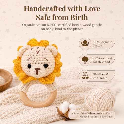 Néa Archí Crochet Baby Rattle, Organic Cotton & Beech Wood, Lion - Image 6