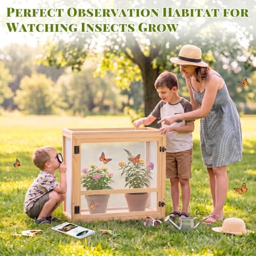 Bucherry Wooden Butterfly Habitat Cage Kit Monarch Caterpillar Enclosure with Mesh Tent & Wood Frame, Detachable Insect Observation House for Kids Outdoor Garden (20") - Image 6