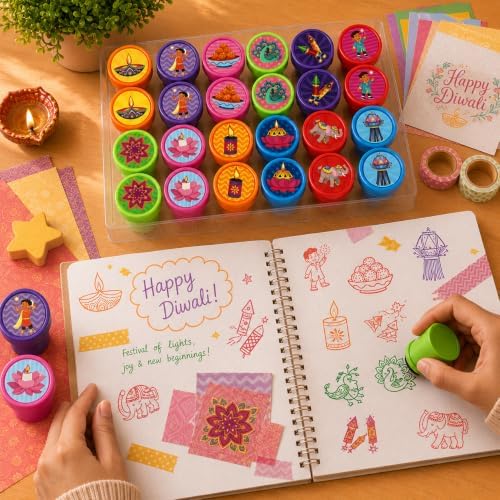 Cinrobiye 24 Pcs Diwali Stampers Party Favor Set, Cute Festival of Lights Stamps for Kids Diwali Celebration, Classroom Rewards, Cultural Party Supplies, Goody Bag Fillers, Holiday Party Favors - Image 4
