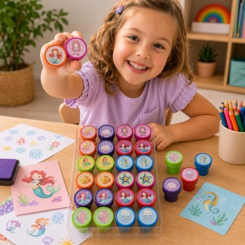 Cinrobiye 24 Pcs Mermaid Stampers Party Favor Set, Cute Under the Sea Stamps for Kids Birthday Party, Classroom Rewards, Carnival Prizes, Goody Bag Fillers, Mermaid Themed Party Supplies - Image 5