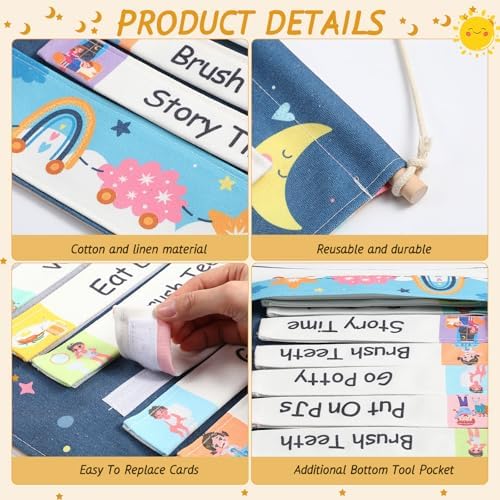 Blosssound Visual Schedule for Kids Chore Chart Morning Bedtime Routine Chart Hippie Boho Daily Calendar Double Side Planner Board with 28 Cards for Home School Toddlers Autism Learning Materials - Image 4