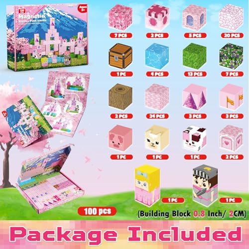 Magnetic Blocks - 100PCS Pink Princess Castle Magnetic Building Blocks, 3D Magnet Cubes for Girls, STEM Construction Toy for Kids Ages 3-12, Princess Toys for Kids Birthday Gifts - Image 2