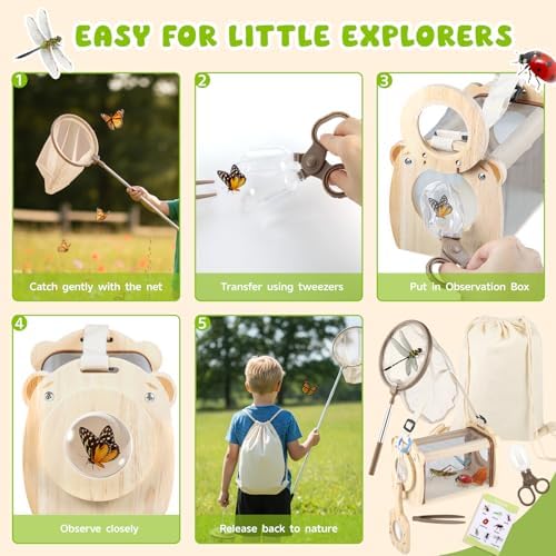 GAGAKU Wooden Bug Catcher Kit for Kids 4-8, 9PCS Outdoor Nature Exploration Set with Expandable Butterfly Net, Magnifying Glass, STEM Learning Game Cards, Educational Catching Toy for Backyard Camping - Image 2