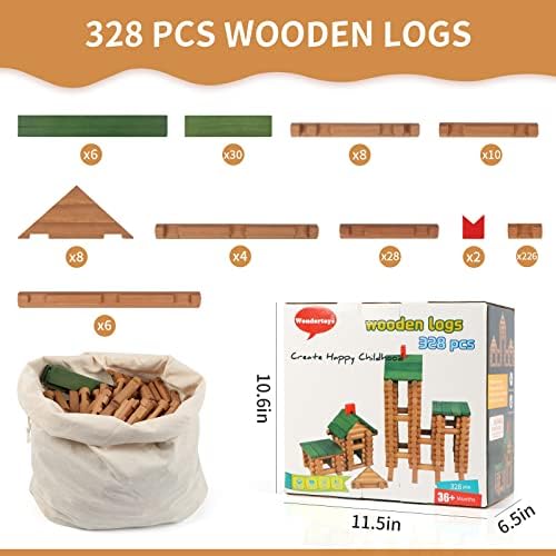 Wondertoys 328 Pcs Wooden Logs Set Ages 3+, Classic Building Log Toys for Kids, Creative Construction Engineering Educational Gifts - Image 5