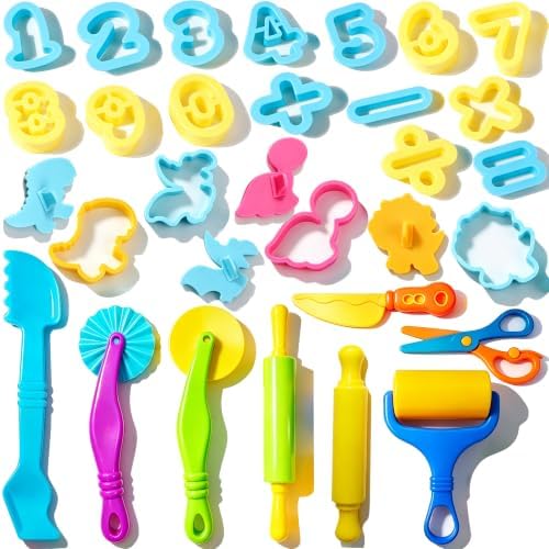 Dough Tools Sets for Kids Ages 3-8, 30 Pcs Playdough Tools Set Accessories Toys Includes Cutters Roller, Rolling Pins, Safety Scissors, Plastic Knife, Plastic Rollers by IELEK