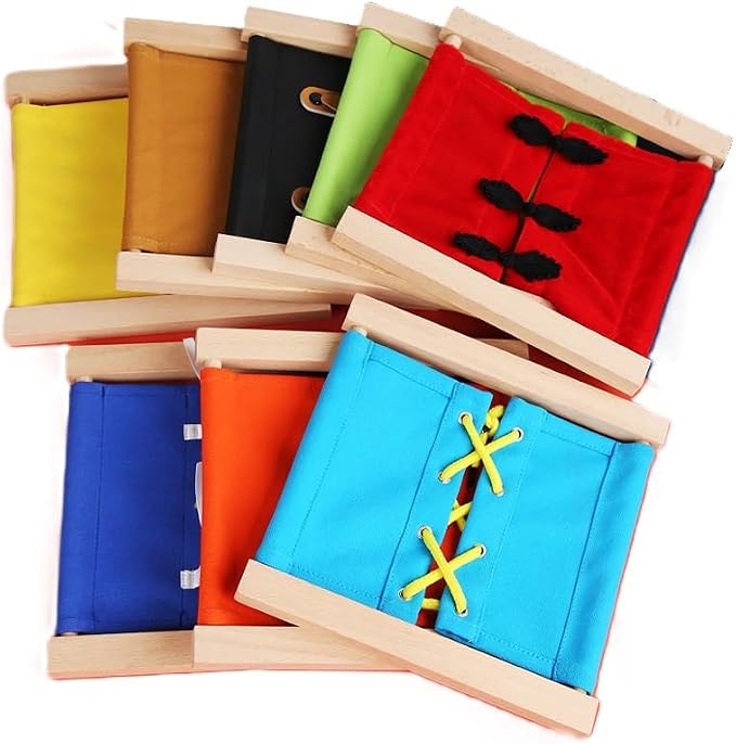 Practical Life Dressing Frames Set: Velcro Frame, Big Button Frame, Buckle and Strap Frame, Snap Fastener Frame, Lacing Frame, Bow Tying Frame, Zipper Frame, and Flower Knot Frame by EduLandMontessori