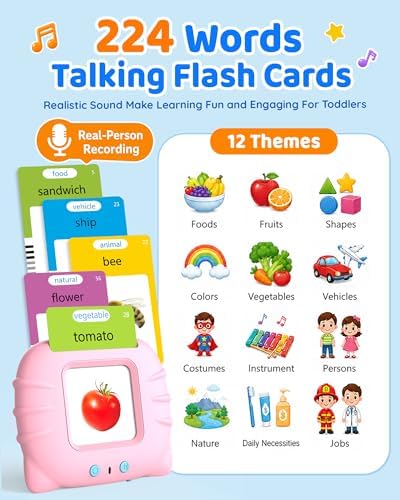 Aullsaty Talking Flash Cards for Toddlers Ages 1-3, 224 Words Montessori Speech Therapy Toys, Autism Sensory Toy, Educational Learning Speech Therapy Birthday Gifts for Boys Girls (Pink) - Image 3