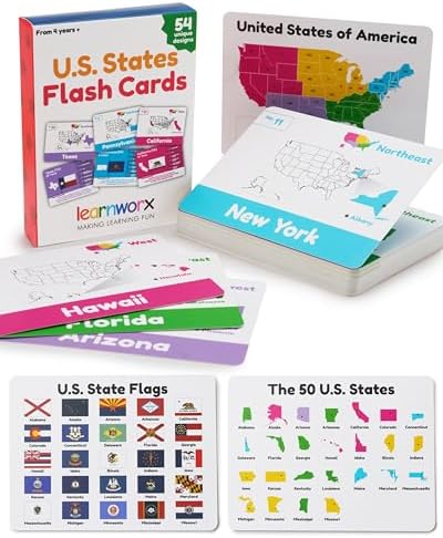 U.S. States Flash Cards for Kids | 50 State Geography Cards with Capitals, Flags, State Birds & More | Educational Flashcards for Learning U.S. History & Facts | Ages 4, 5, 6,7, 8, 9, 10 by learnworx