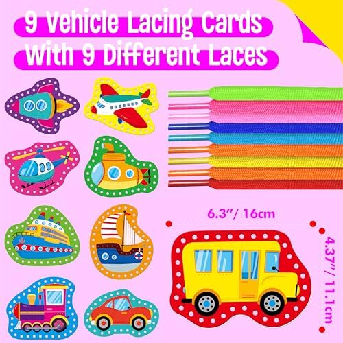 SpriteGru 9 Pieces Kids Lacing Cards, Double Sided Vehicle Sewing Cards with 9 Colorful Laces, Imagination Development Lacing Toys Games for Children Educational and Learning Activity - Image 2