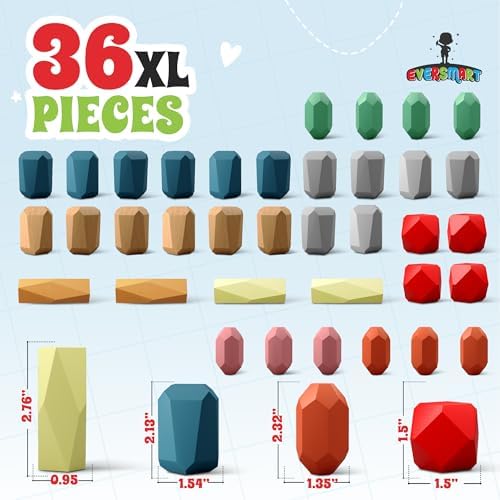 36 Pcs Wooden Stacking Blocks – Montessori Toys for 1 2 3 4 5 6 Year Old Toddlers and Kids, XL Rocks, No Choking Hazard – Sensory STEM Building Stones, for Girls and Boys - Image 6