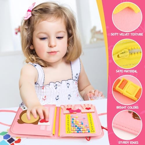 Toddler Busy Board, Montessori Sensory Toys for Boys, 3-8 Year Old Girl Toddler Travel Toys, Educational Learning Activities Board for Motor Skills, Birthday Gifts for Airplane Car, Pink - Image 5