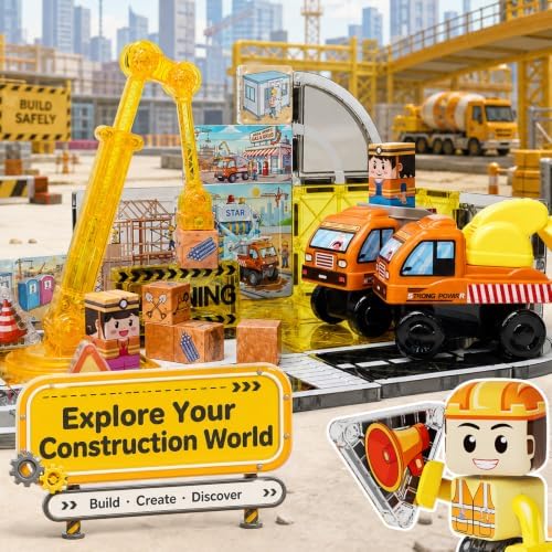 burgkidz Magnetic Tiles Construction Set – Engineering Blocks with Crane, 2 Detachable Vehicles (Build on Chassis), Ramp & Slide, Play Mat & Bag – STEM Toy for Ages 3-8 (47PCS, Premium ABS) - Image 2