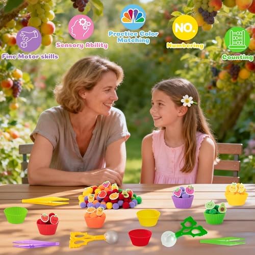 EZdhuawuse Summer Sensory Bin Fillers - 268P Summer Fruit Fine Motor Toys Counting Sorting for Kids, Color Sorting Set with Felt Banana Pom Poms Cup Clip for Preschool Education Birthday Party Favors - Image 6