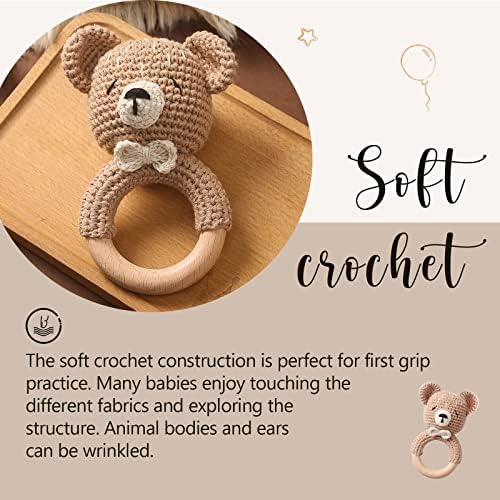 WOODEN TEETHER Baby Rattle, Shaker Toy,Crochet Baby Rattle, Crochet Baby Toys, Organic Wooden Newborn Toys, Newborn Animal Rattle Toys，Knitted Stuffed Animals Gifts for Baby, Kahki Bear - Image 3
