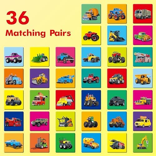 Hebayy Truck Matching Game, 72 PCS Traffic Memory Matching Cards for Toddlers 36 Pairs Transportation Memory Cards Educational Toys for Preschool Boys & Girls 4 5 6 Years Old - Image 4