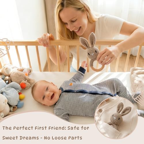 Moyii Natural Wooden Baby Rattle - Organic Crochet Bunny Teether Ring - Montessori Sensory Grasping Toy for Infants 0-12 Months, BPA-Free Handmade Newborn Shower Gift - Image 5