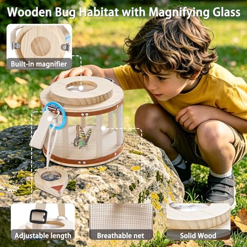 Wooden Bug Catcher Kit for Kids Ages 3-8, 11PCS Outdoor Nature Explorer Kit with Bug Habitat, STEM Educational Guide, Butterfly Net & Magnifying Glass, Montessori Catching Toy & Camping Gift - Image 3