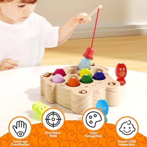 Wooden Magnetic Fishing Game for Toddlers 1-3, Frog Fishing Color Sorting Montessori Sensory Preschool Educational Learning Fine Motor Skills Toys for 3 4 5 Years Old Boys Girls - Image 5