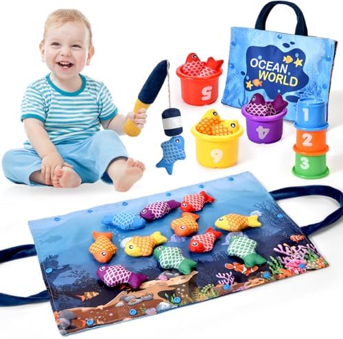 Montessori Toys for 1 Year Old - 20PCS Cloth Toddler Fishing Game with Stacking Cups,Baby Color Sorting Toy 12-18 Months One Year Old Birthday Gift,Best Easter Gifts for 1-3 Year Olds (Blue) by Alsatic