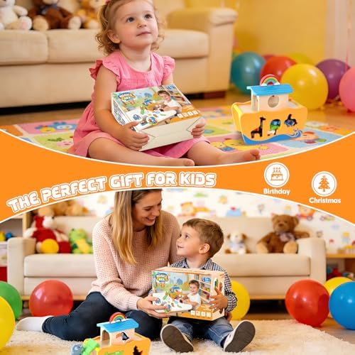 Hoarosall 27-Piece Wooden Noah's Ark Toy for 1-3 Year Olds Baptism Christmas Birthday Gift Bilingual Bible Story Montessori Shape Sorter Christian Educational Toy for Boys Girls - Image 6