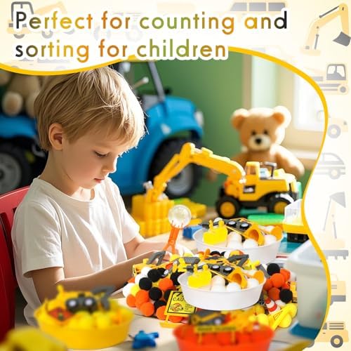 135 Pcs Construction Sensory Bin Items Construction Counting Sorting Sensory Bin Filler Fine Motor 5 Vehicles 14 Road Signs 4 Worker Figures Counts for Easter Day Spring Summer Sorting Counting Decor - Image 4