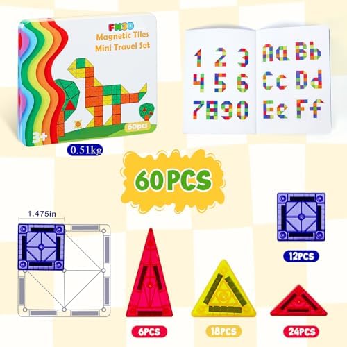 FNJO Mini Magnetic Tiles, Magnet Building Set,60 PCS Building Blocks Set STEM Preschool Montessori Toy for Kids Boys Girls - Image 5
