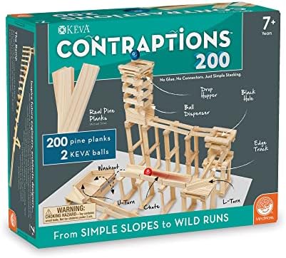 MindWare KEVA Contraptions, Wooden Blocks Building Set, Marble Run Kit, Includes 2 Balls - 200 Planks by MindWare