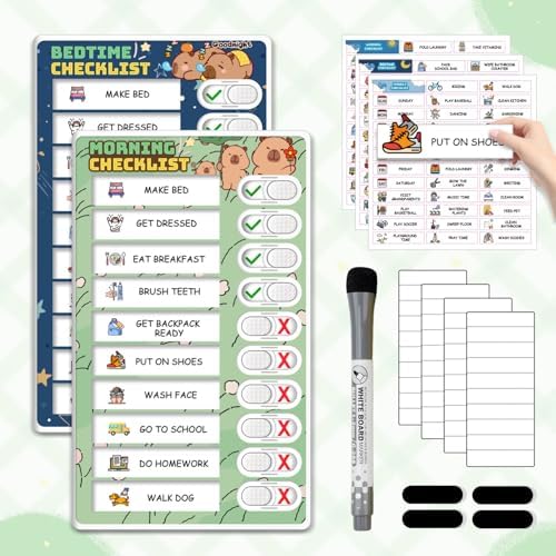 Upgraded Slider Chore Chart for Kids, Magnetic Kids Chore Chart for 2 Kids, Dry Erase Morning/Bedtime Routine Chart for Kids Toddlers, Visual Schedule for Kids by BOXVERIA
