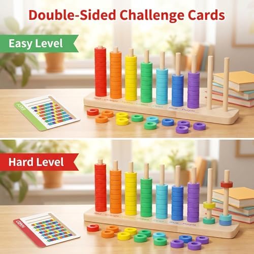 Color Sorting & Stacking Game with Challenge Cards for Kids, Wooden Color Matching Game with 40 Patterns(Easy & Hard), Fine Motor Skills Learning Montessori Toy, Preschool Educational Gift for Kids - Image 3