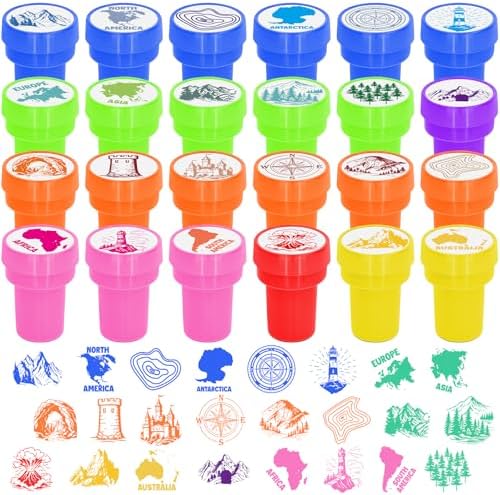 Cinrobiye 24 Pcs Geography Adventure Stampers Party Favor Set, Cute World Map Stamps for Kids Birthday Party, Classroom Rewards, Educational Learning Toys, Goody Bag Fillers, Themed Party Supplies by Cinrobiye