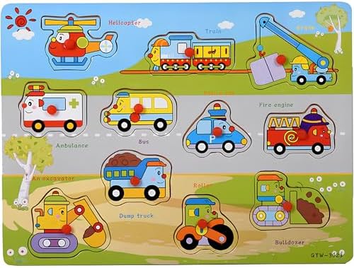 Vehicles Puzzle for Toddlers 3+ Years, Educational Wooden Vehicle Shape Learning Toy with Board & Blocks, Fun Preschool Motor Skills Activity for Boys and Girls by GUGURIK