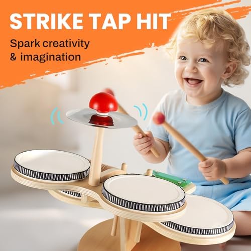 iPlay, iLearn Toddler Wooden Drum Set, Kids Musical Instruments Toy, 8 in 1 Percussion Drum Kit W/Xylophone Cymbal, Baby Montessori Learning Birthday Gifts for 18 Month, 2 3 4 5 6 Year Old Boy Girl - Image 3