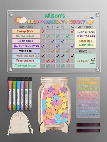 Acrylic Magnetic Kids Chore Board & Star Reward Jar - Dry Erase Fridge Calendar with Erasable Markers, Wooden Stars & DIY Stickers for Visual Schedule, Behavior Tracking & Potty Training Toddlers by UNIQOOO