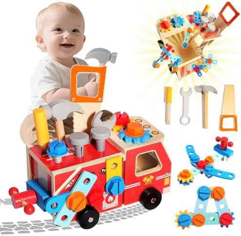 GAIETYDIY Toddler Kids Tool Set - Wooden Tools with Firetruck Shaped Box by GAIETYDIY