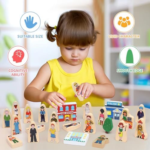 Atoylink 36Pcs Wooden Community Helpers Pretend Play Toys for Kids 3 4 5 6 Year Old, Wooden People Figures Blocks Occupations Dress up Toddlers Preschool Learning Toys Boys Girls Birthday Gifts - Image 5